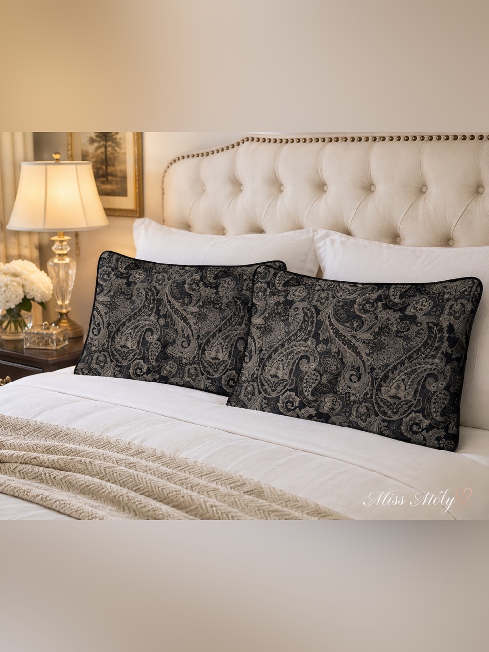 Waterford Luxury Paisley Pillow Shams Set 2 Gray Black 20x26 Zipper Bedding